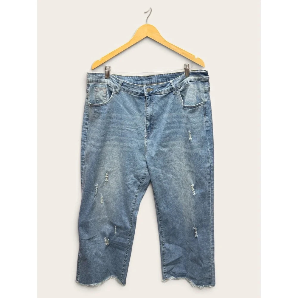 Distressed Medium Wash Cropped Jeans Raw Hem Ripped Denim Size 3XL 20